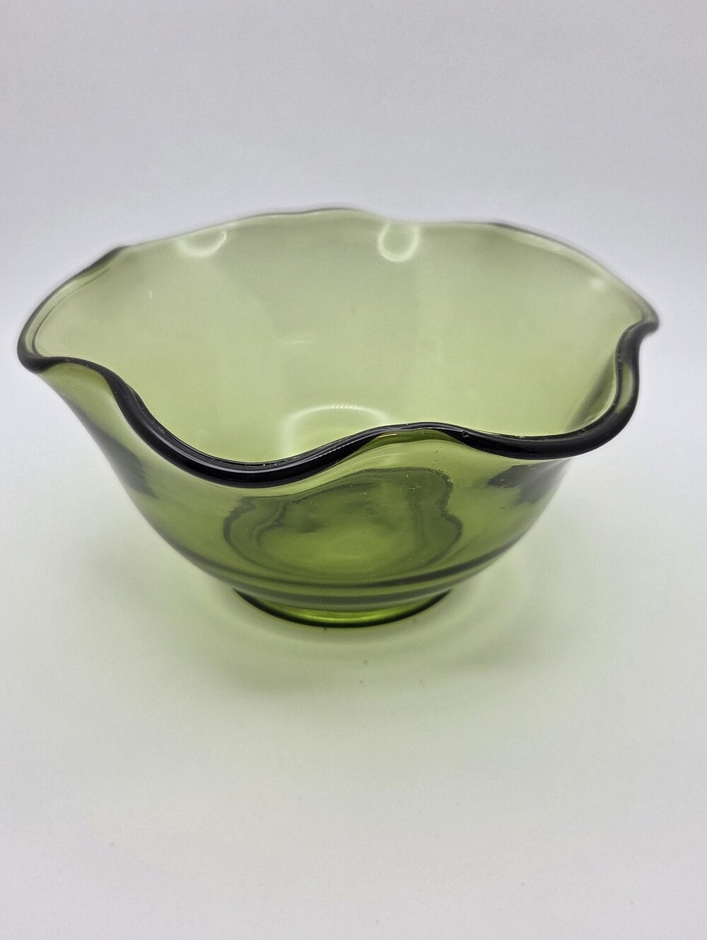 Mid Century Modern Olive Green Glass Bowl Ruffled Edges Crimped Rim Vintage Dish